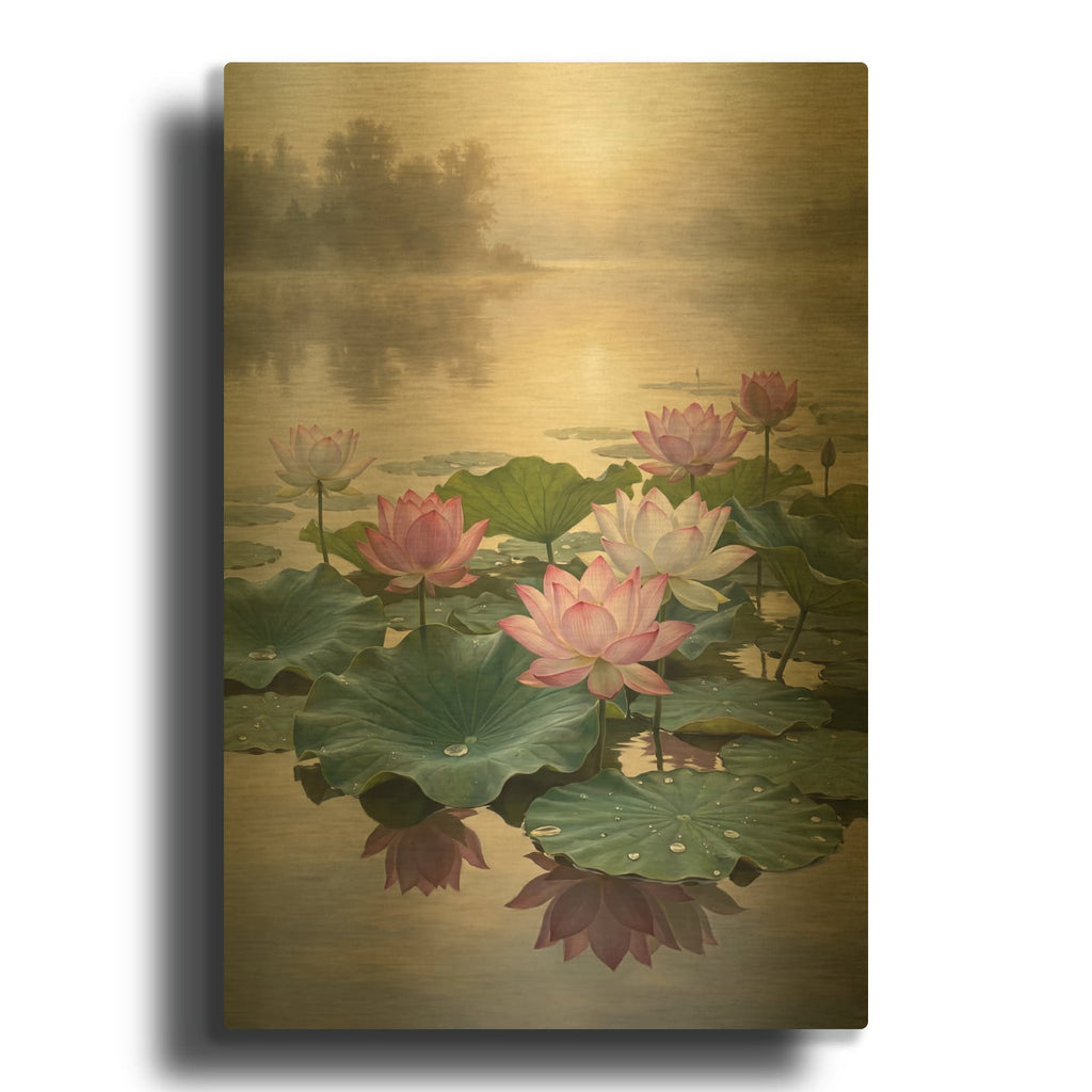 'Lotus Pond Whisper' By Veve Gold Metal Wall Art