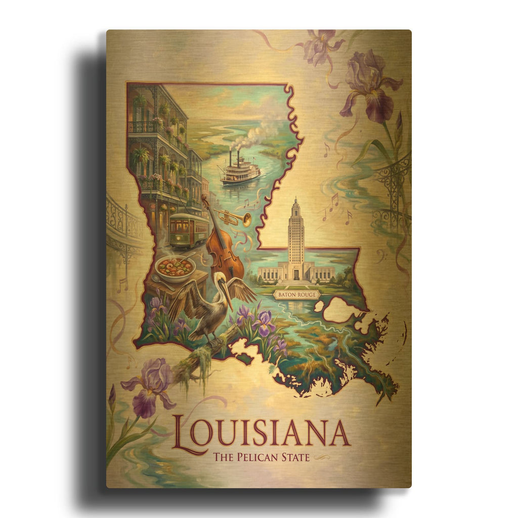 'Louisiana The Pelican State II' By Veve Gold Metal Wall Art
