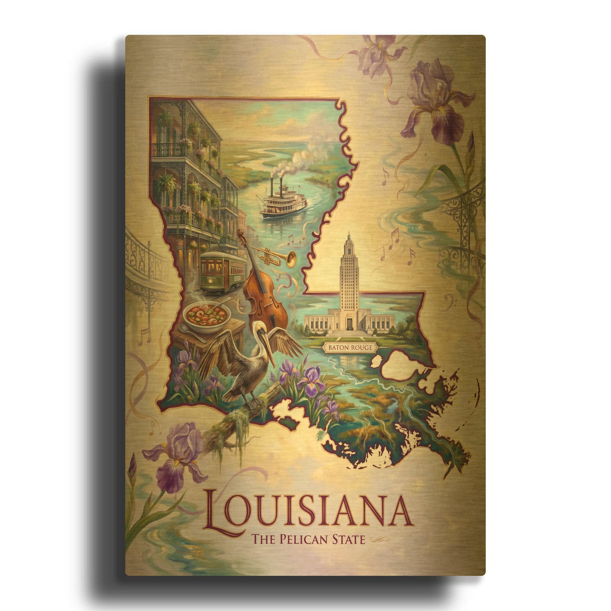 'Louisiana The Pelican State II' By Veve Gold Metal Wall Art