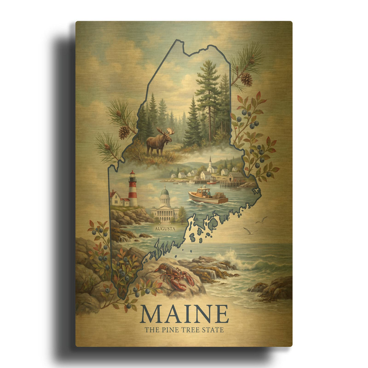 'Maine The Pine Tree State I' By Veve Gold Metal Wall Art