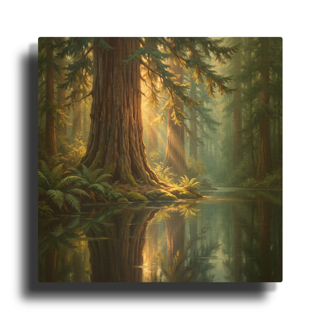 'Majestic Redwood Reflection' By Veve Gold Metal Wall Art