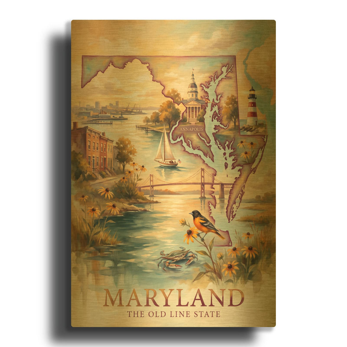 'Maryland The Old Line State I' By Veve Gold Metal Wall Art