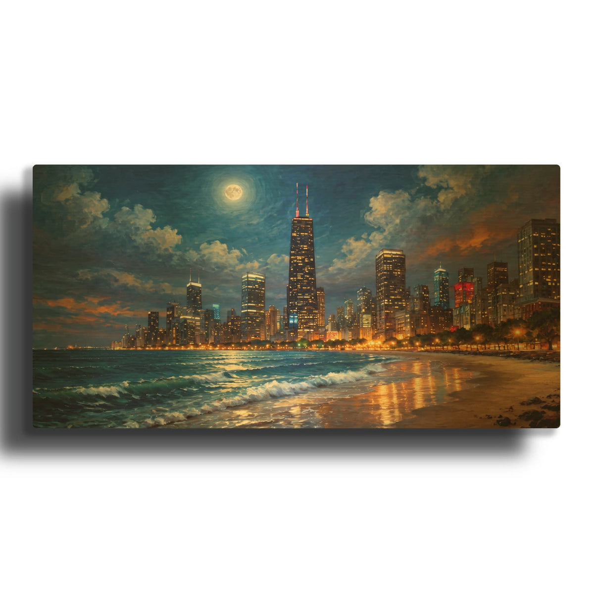 'Moonlit Chicago Skyline (1)' By Veve Gold Metal Wall Art