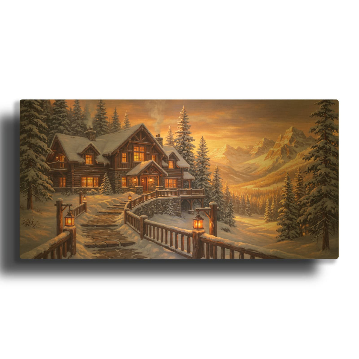 'Mountain Lodge Winter Time' By Veve Gold Metal Wall Art