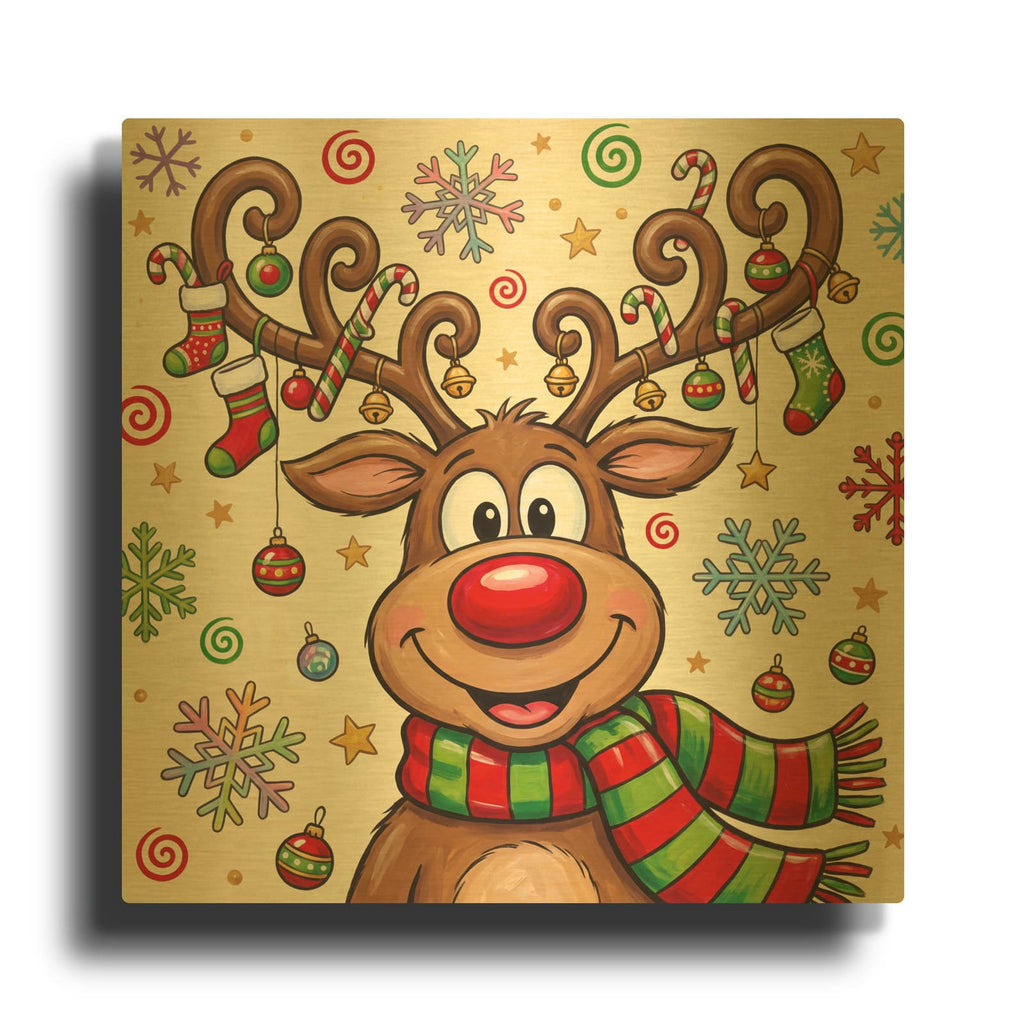 'Rudolph's Christmas Joy' By Veve Gold Metal Wall Art