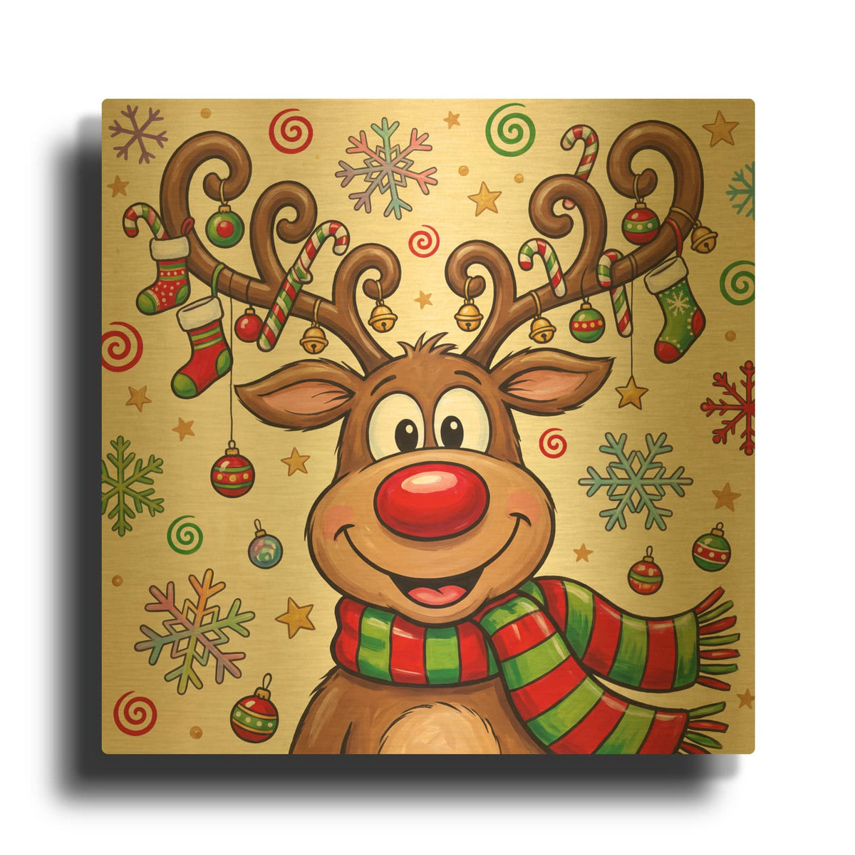 'Rudolph's Christmas Joy' By Veve Gold Metal Wall Art