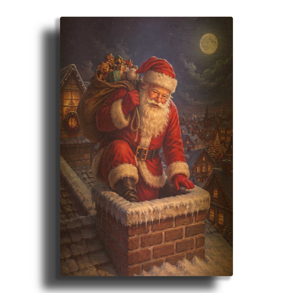 'Santa Down the Chimney' By Veve Gold Metal Wall Art
