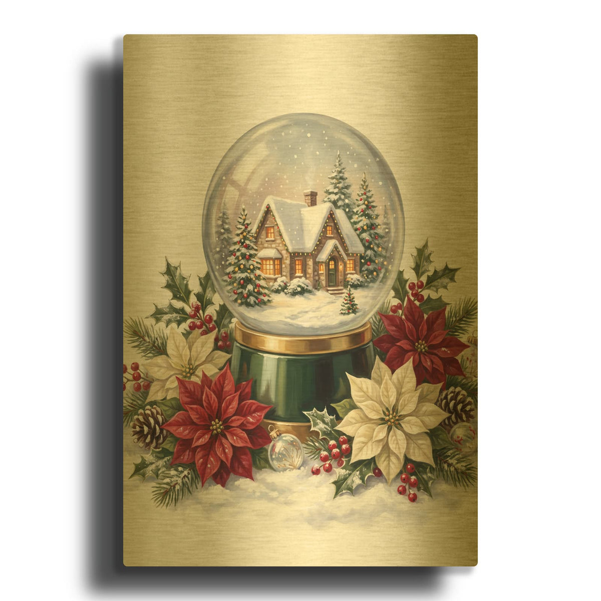 'Snow Globe Christmas Cottage' By Veve Gold Metal Wall Art