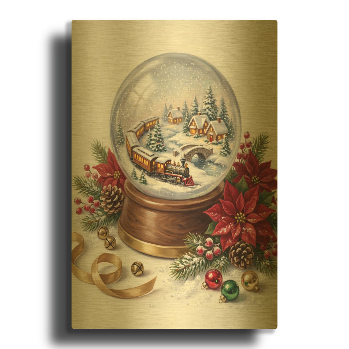 'Snow Globe Christmas Train Wonderland' By Veve Gold Metal Wall Art