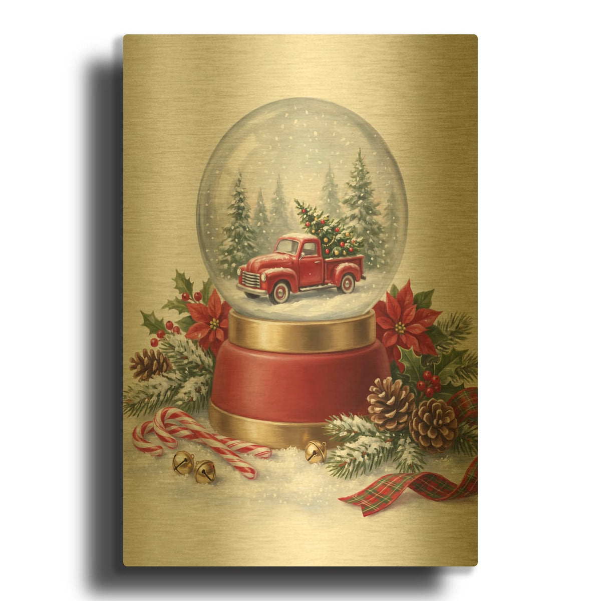 'Snow Globe Christmas Truck in the Snow' By Veve Gold Metal Wall Art