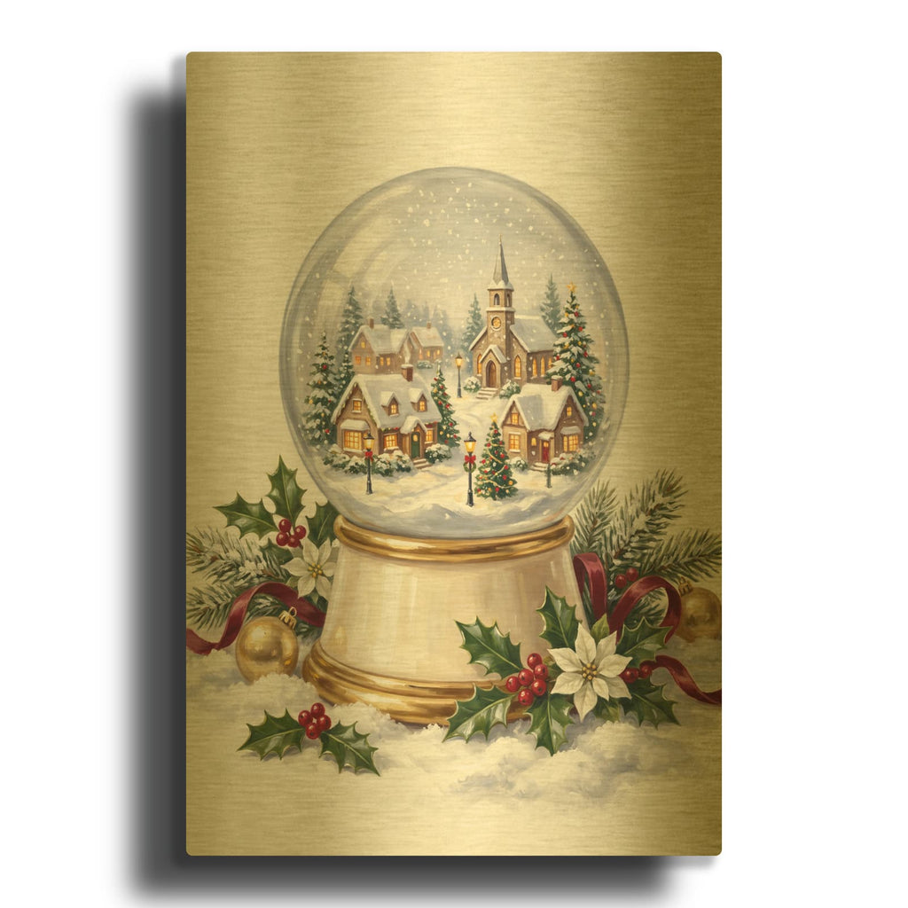 'Snow Globe Enchanted Christmas Village' By Veve Gold Metal Wall Art