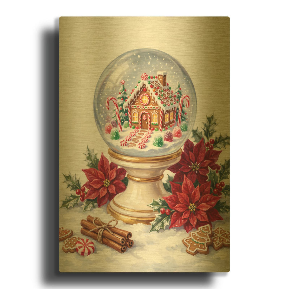 'Snow Globe Gingerbread House Wonderland' By Veve Gold Metal Wall Art