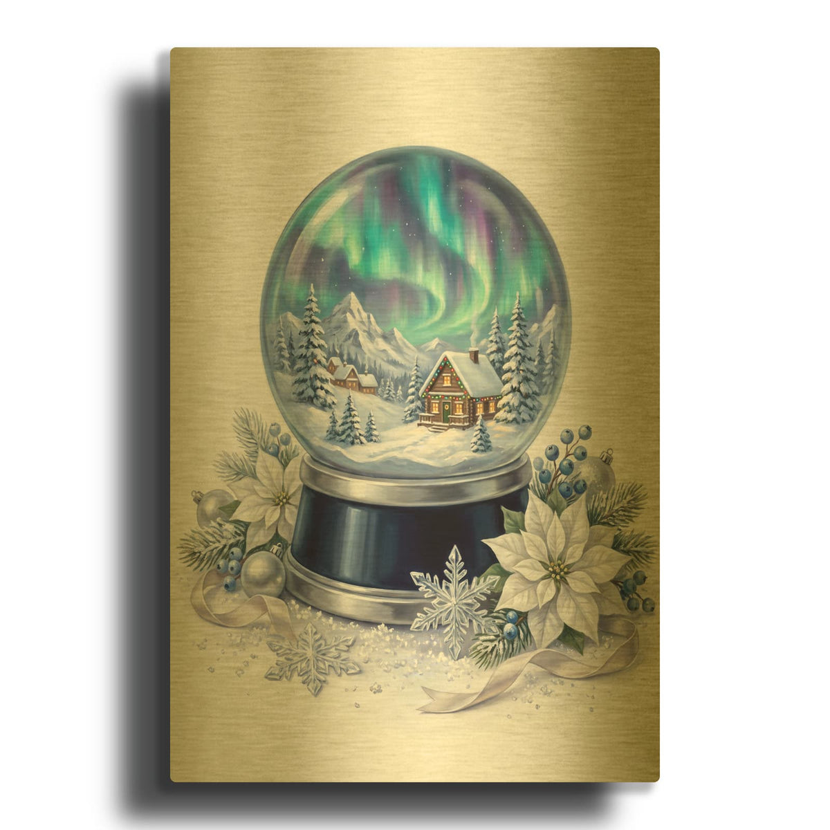 'Snow Globe Northern Lights Christmas' By Veve Gold Metal Wall Art