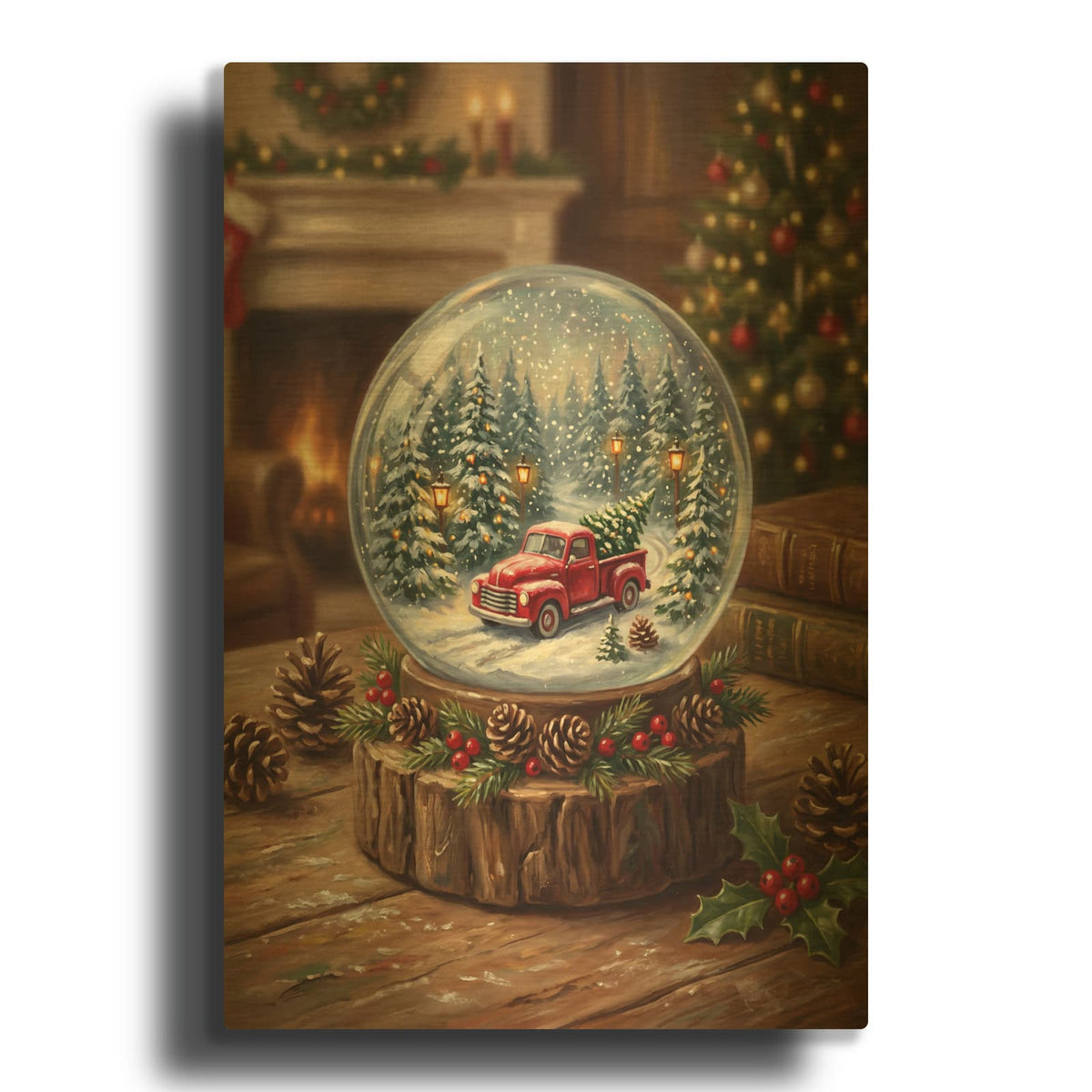 'Snow Globe Red Christmas Truck' By Veve Gold Metal Wall Art