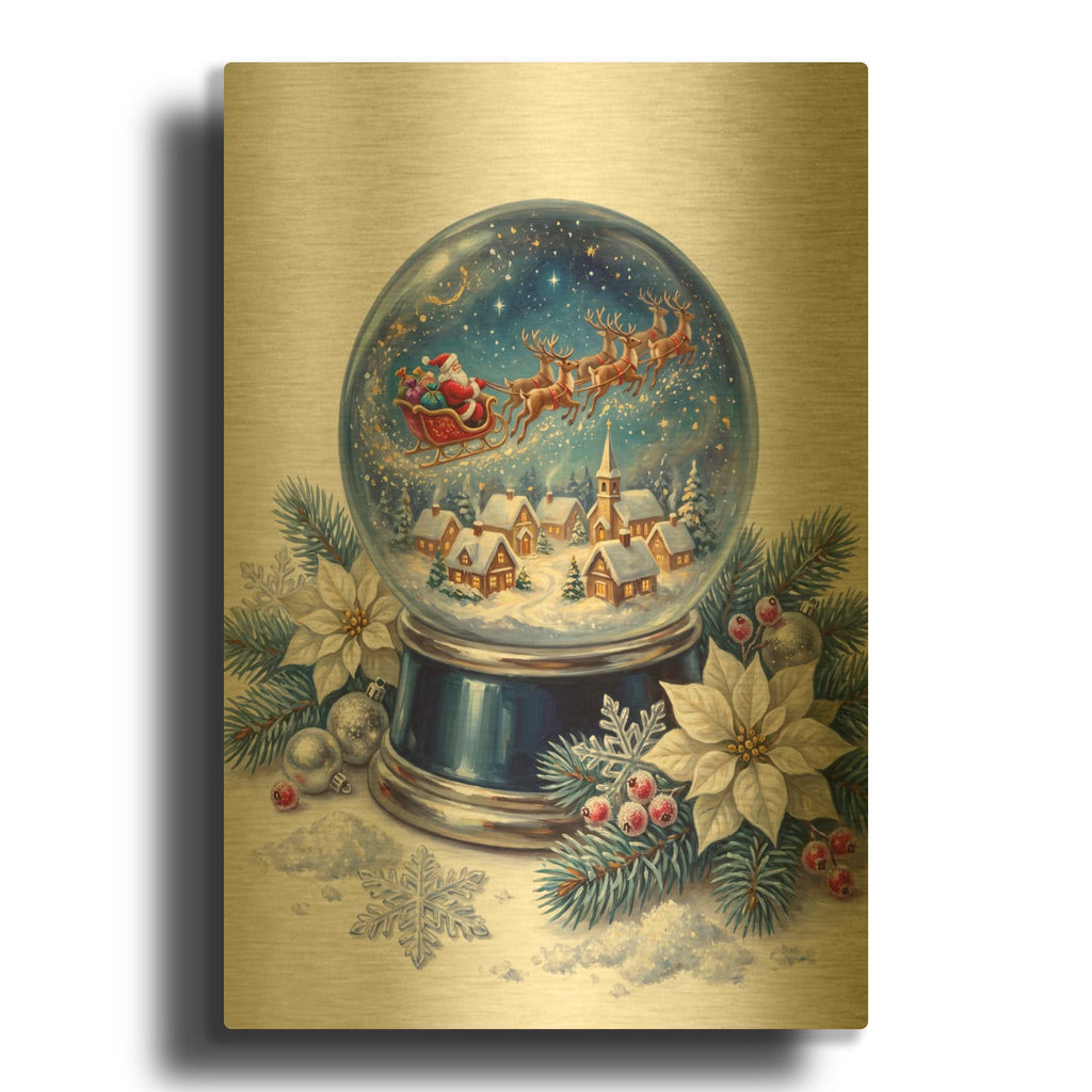 'Snow Globe Santa’s Christmas Eve Flight' By Veve Gold Metal Wall Art