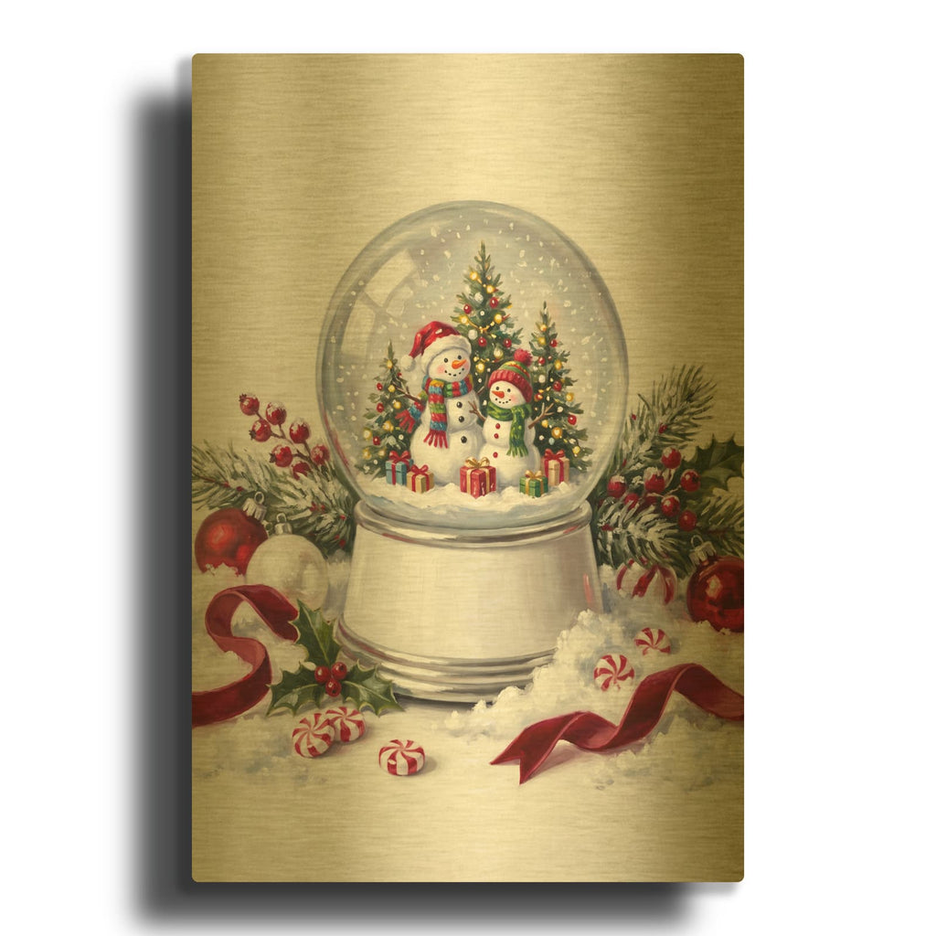 'Snow Globe Snowman Family Celebration' By Veve Gold Metal Wall Art