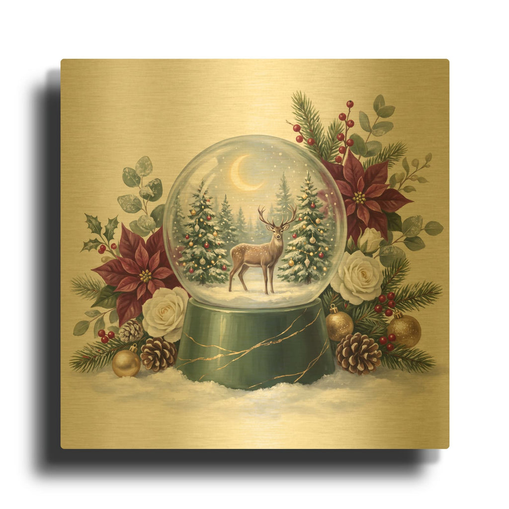 'Snow Globe Woodland Deer Christmas' By Veve Gold Metal Wall Art