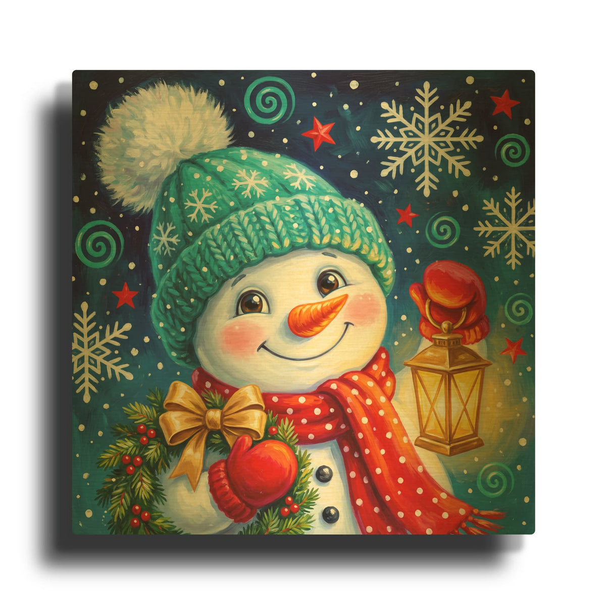 'Snowman's Lantern Glow' By Veve Gold Metal Wall Art