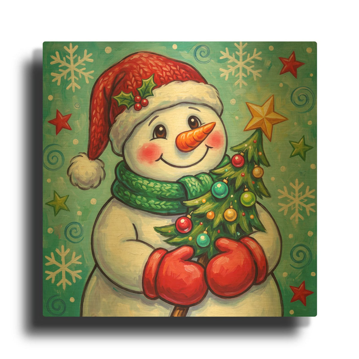 'Snowman's Merry Christmas Tree' By Veve Gold Metal Wall Art