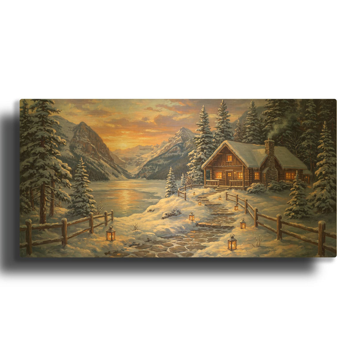 'Snowy Cabin Above Frozen Mountain Lake' By Veve Gold Metal Wall Art