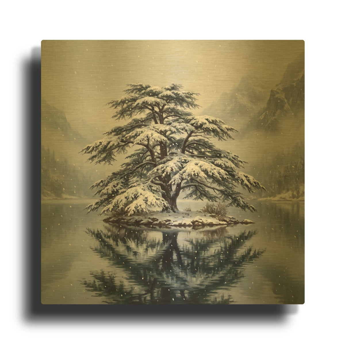'Snowy Cedar Serenity' By Veve Gold Metal Wall Art