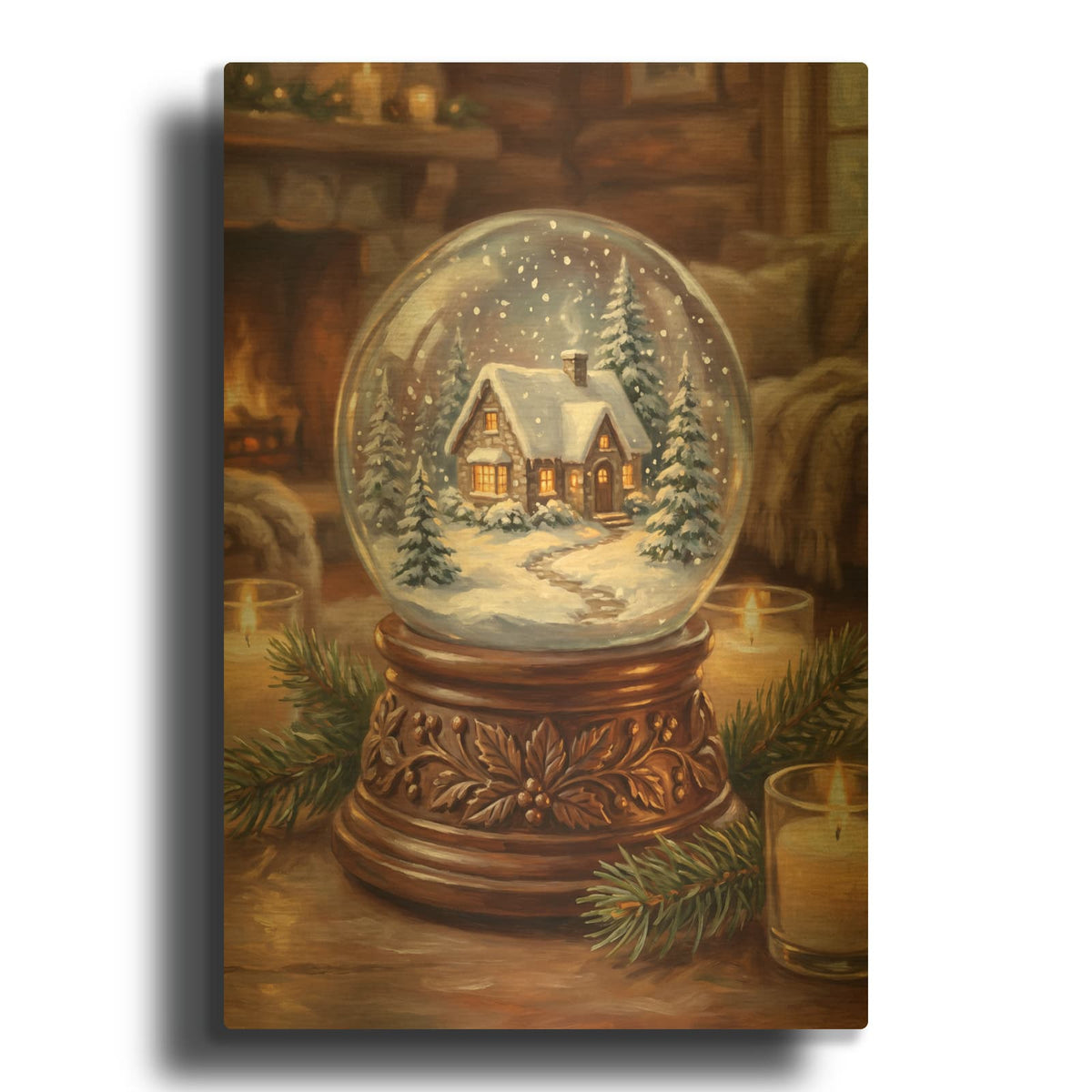 'Snowy Christmas Cottage Snow Globe' By Veve Gold Metal Wall Art
