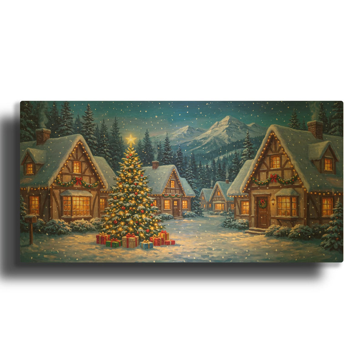 'Snowy Christmas Village Starlight Celebration' By Veve Gold Metal Wall Art