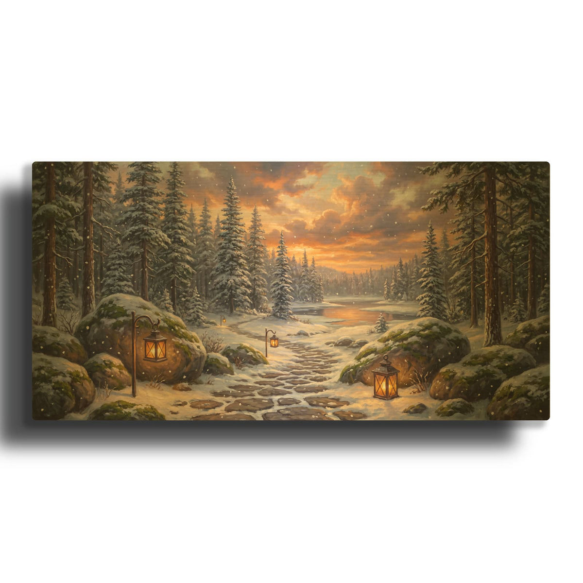 'Snowy Forest Path to Hidden Lake' By Veve Gold Metal Wall Art