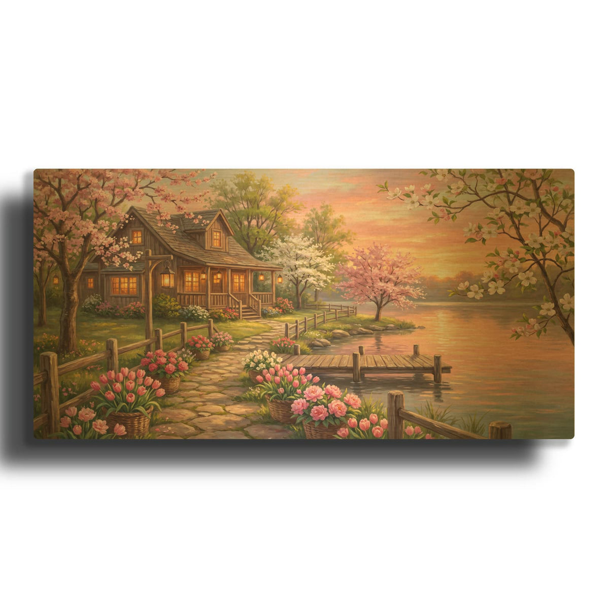 'Spring Lake House Sunset Romantic Floral Landscape' By Veve Gold Metal Wall Art