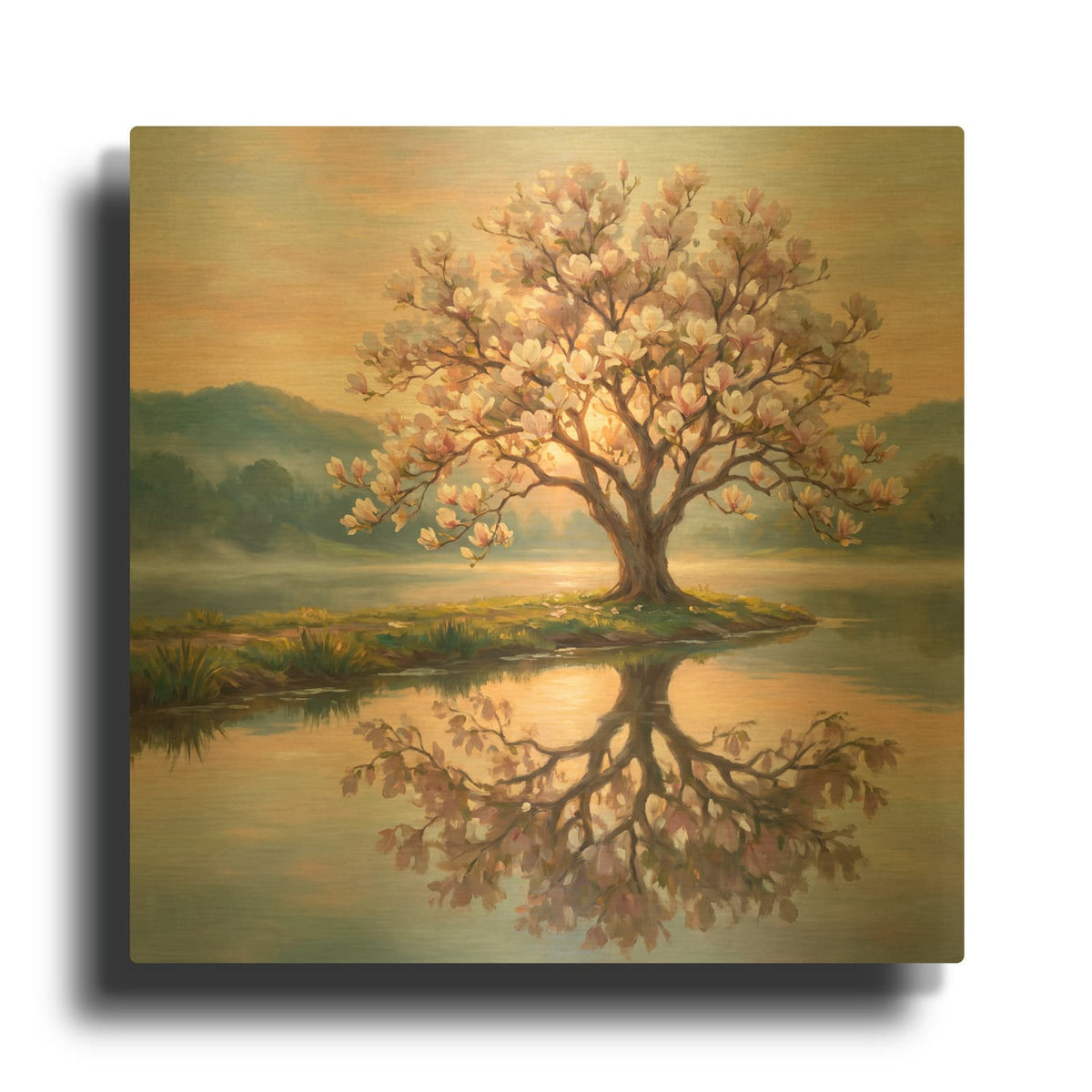 'Spring Magnolia Lake Reflection' By Veve Gold Metal Wall Art