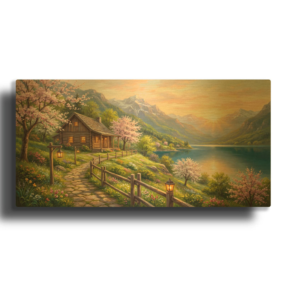'Spring Mountain Lake Cabin Cherry Blossom Landscape' By Veve Gold Metal Wall Art