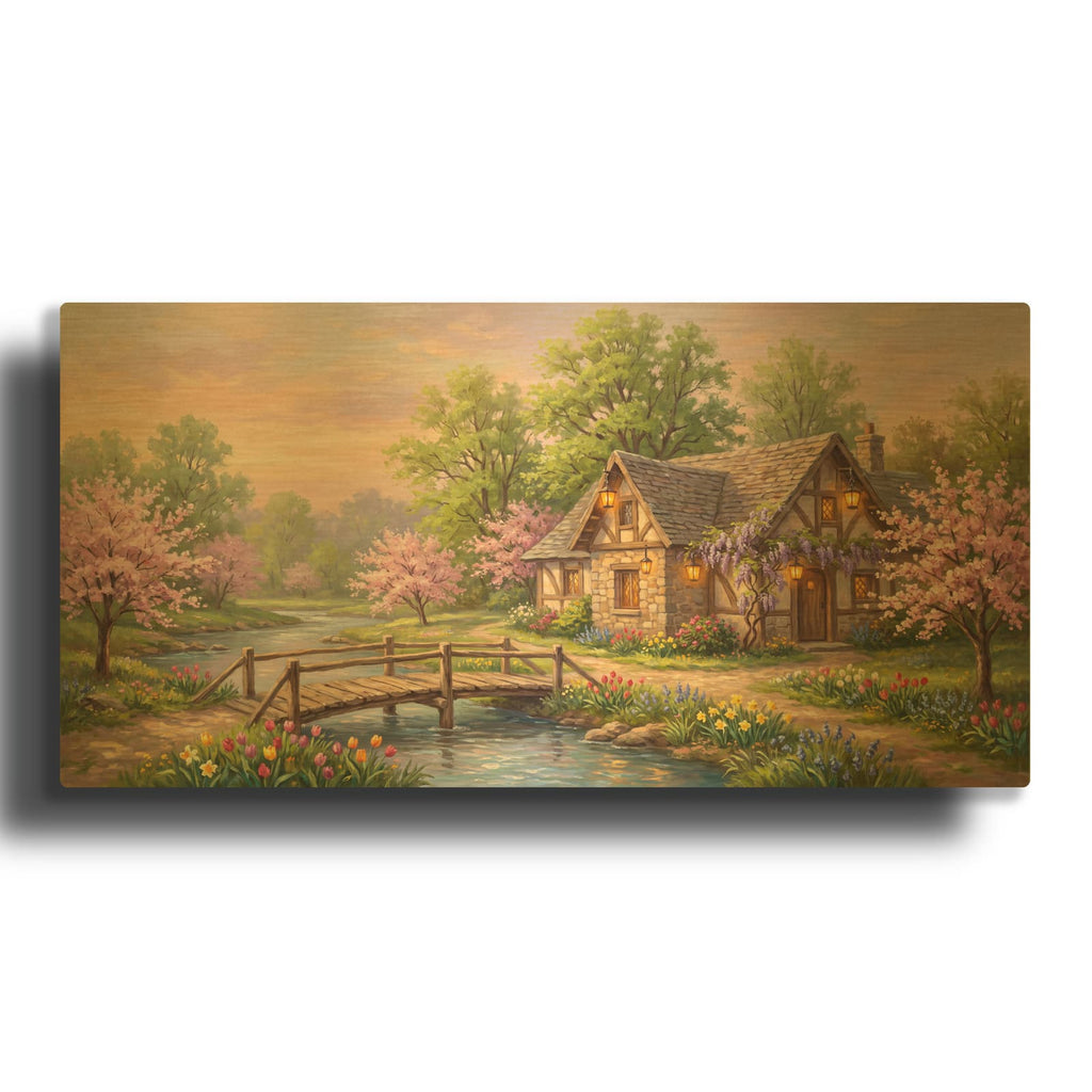 'Spring Riverside Cottage Cherry Blossom and Wisteria Painting' By Veve Gold Metal Wall Art