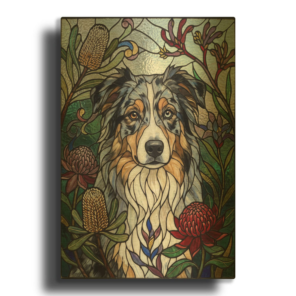 'Stained Glass Style Australian Shepherd' By Veve Gold Metal Wall Art