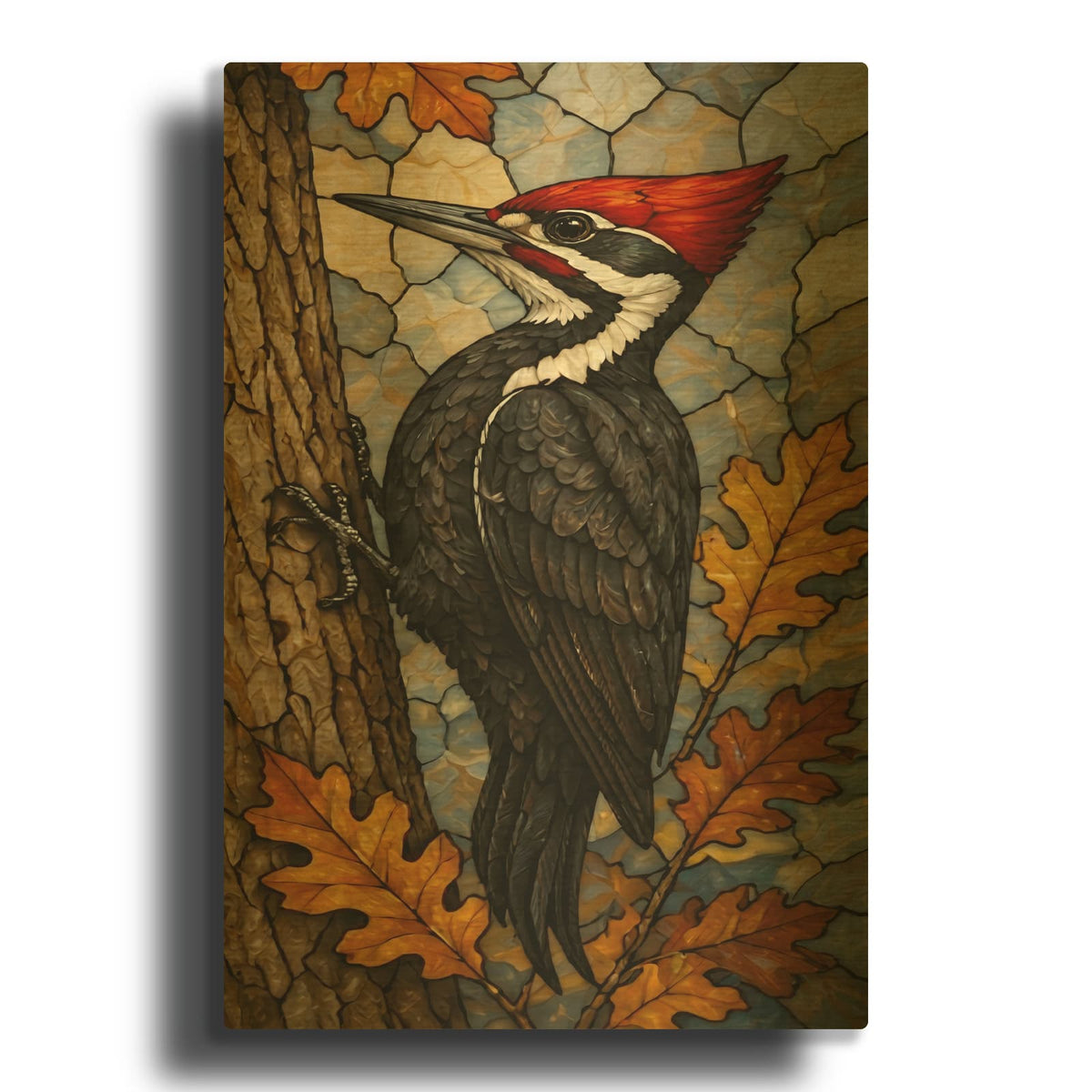 'Stained Glass Style Autumn Woodpecker' By Veve Gold Metal Wall Art
