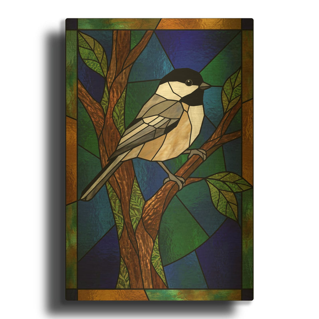 'Stained Glass Style Black Capped Chickadee' By Veve Gold Metal Wall Art