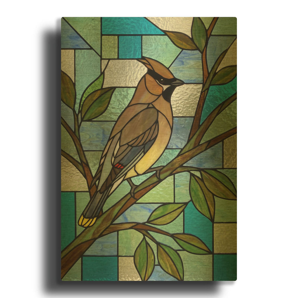 'Stained Glass Style Cedar Waxwing' By Veve Gold Metal Wall Art