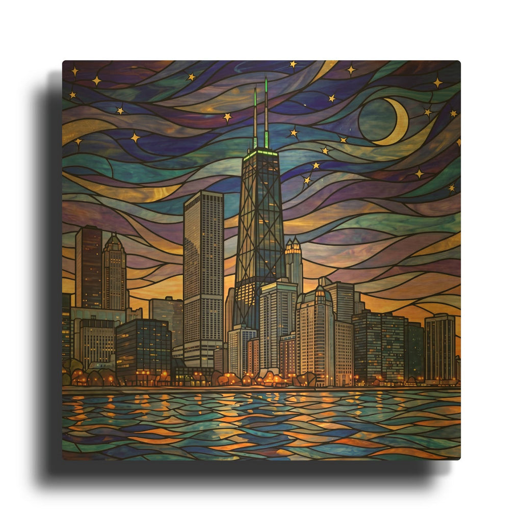 'Stained Glass Style Chicago Starry Night' By Veve Gold Metal Wall Art