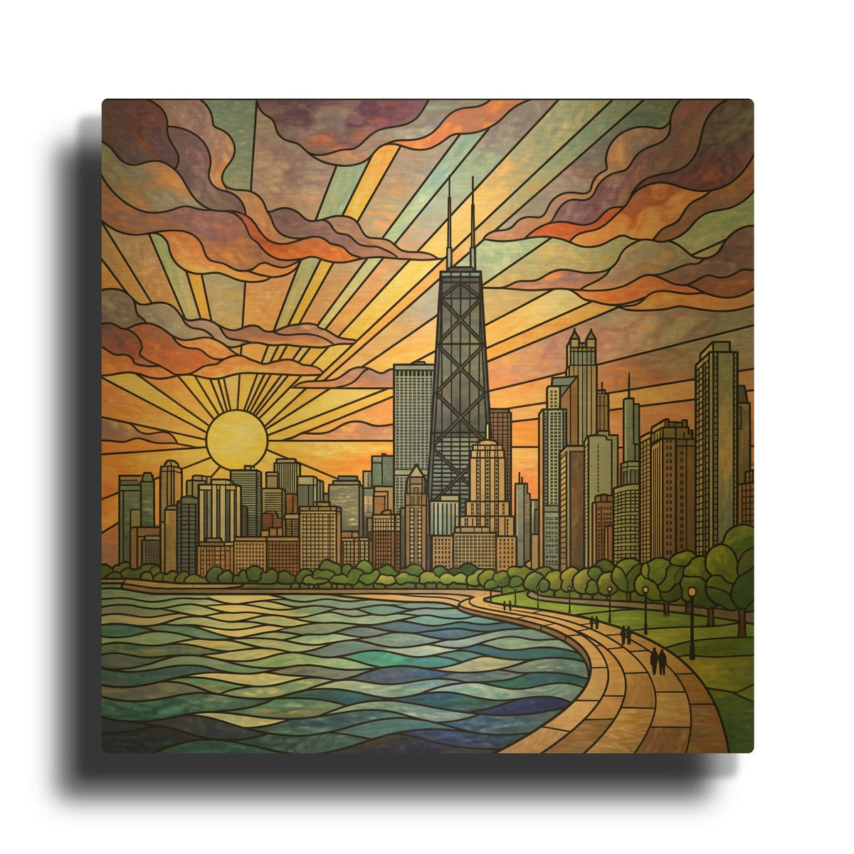 'Stained Glass Style Chicago Sunset I' By Veve Gold Metal Wall Art