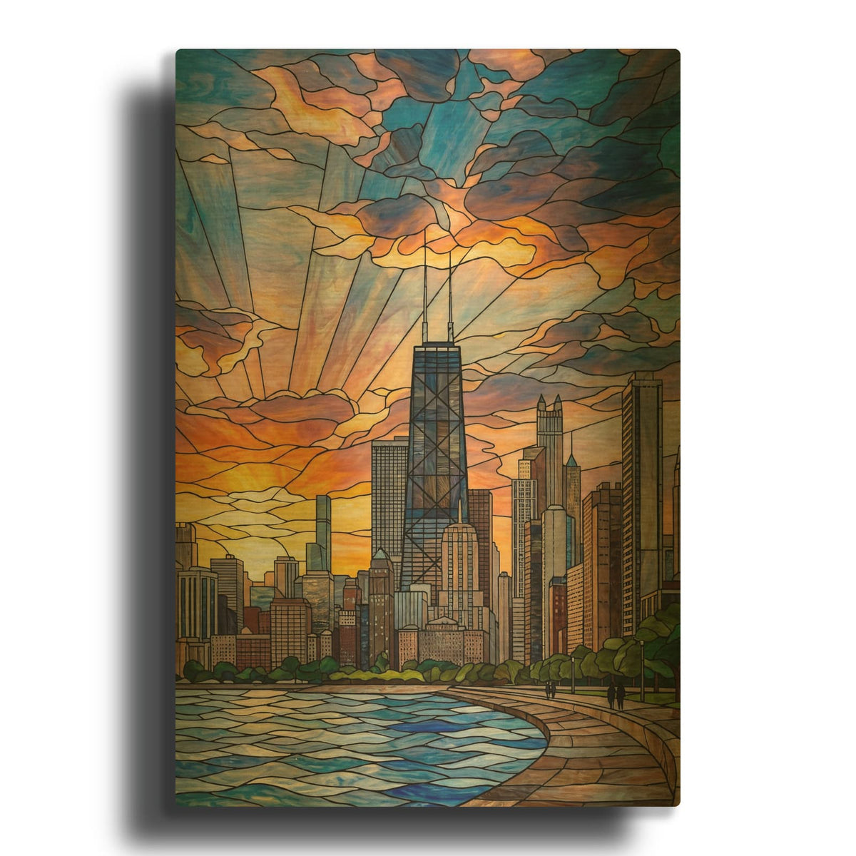 'Stained Glass Style Chicago Sunset II' By Veve Gold Metal Wall Art