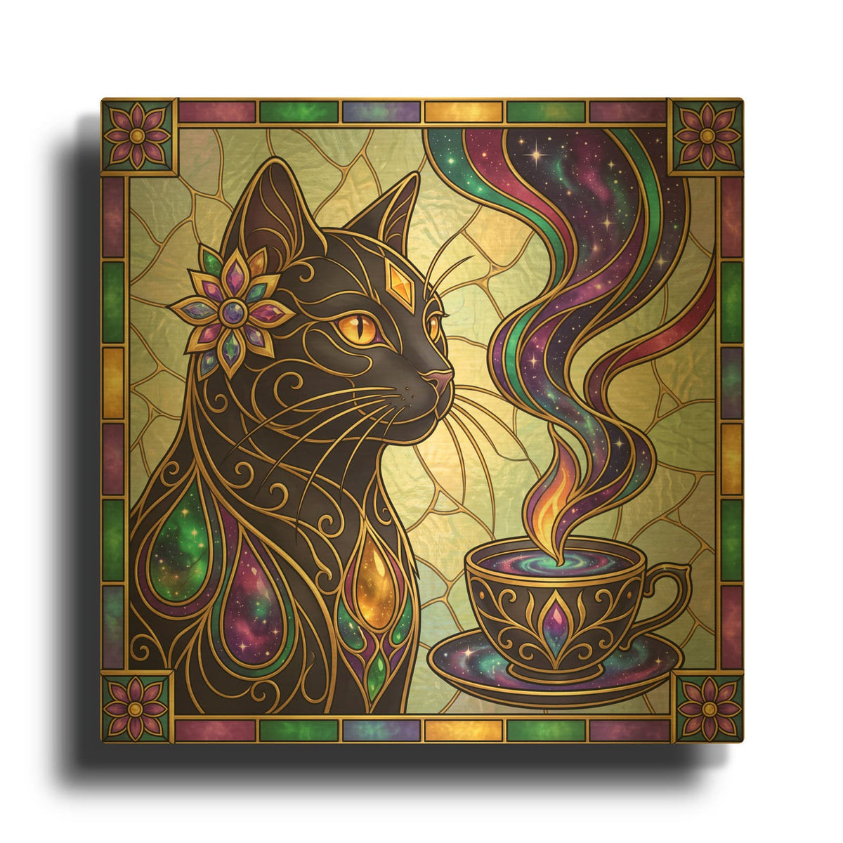 'Stained Glass Style Cosmic Brew Galaxy Cat' By Veve Gold Metal Wall Art