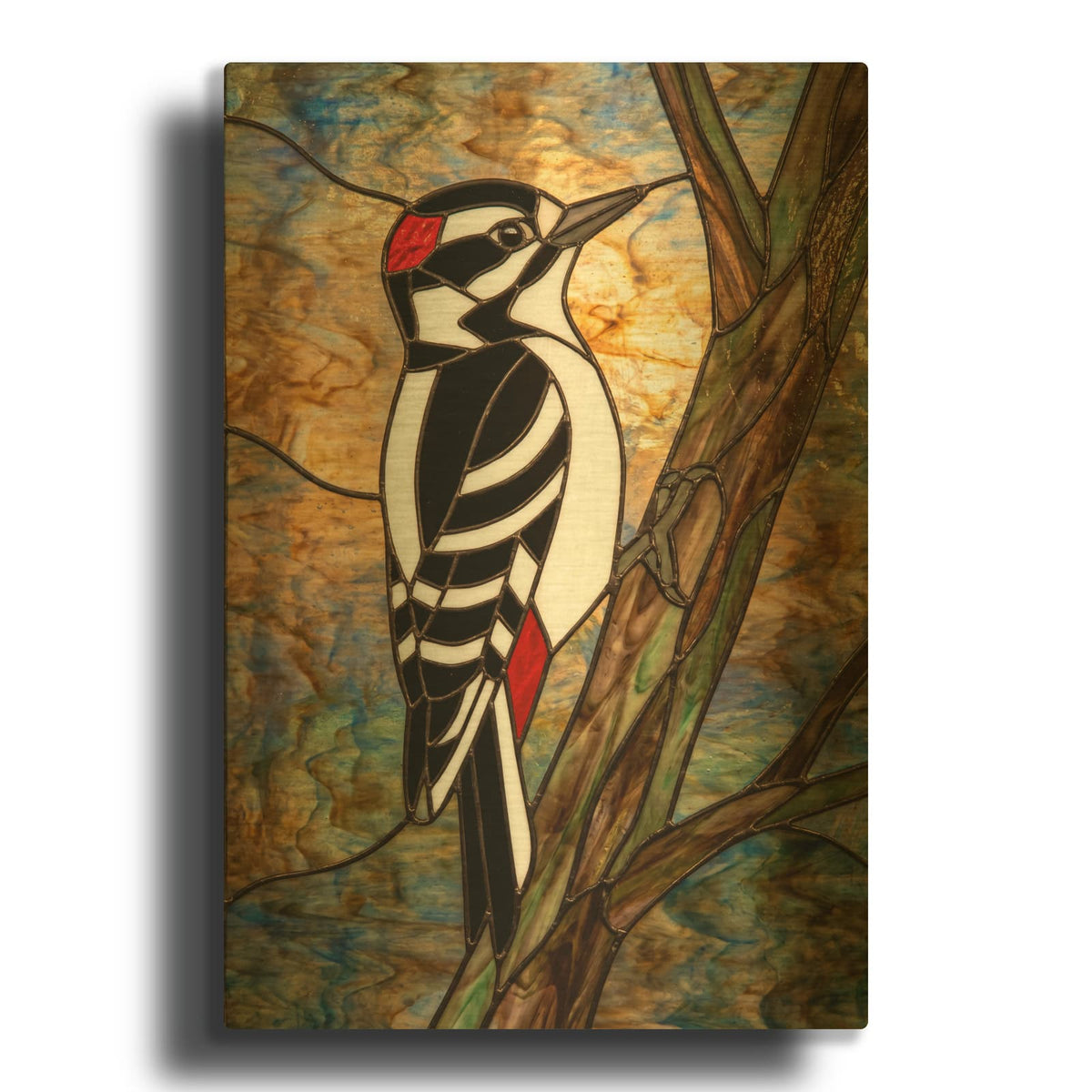 'Stained Glass Style Downy Woodpecker' By Veve Gold Metal Wall Art