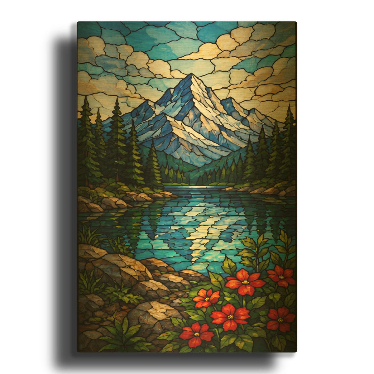 'Stained Glass Style Mountain LakeJPG' By Veve Gold Metal Wall Art