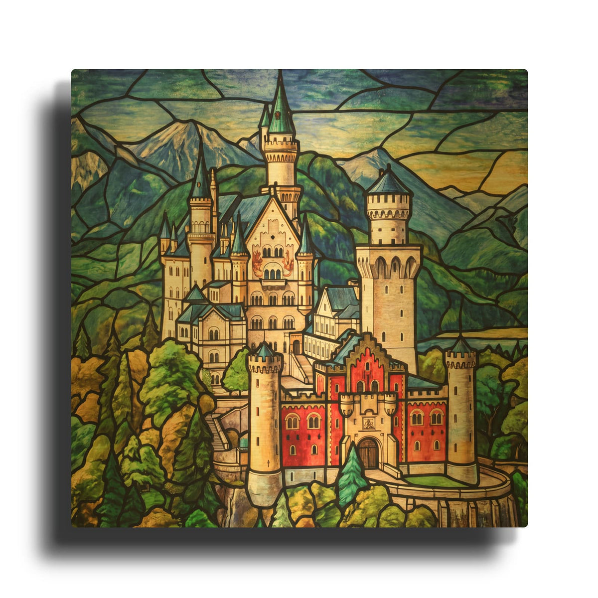 'Stained Glass Style Neuschwanstein Castle II' By Veve Gold Metal Wall Art