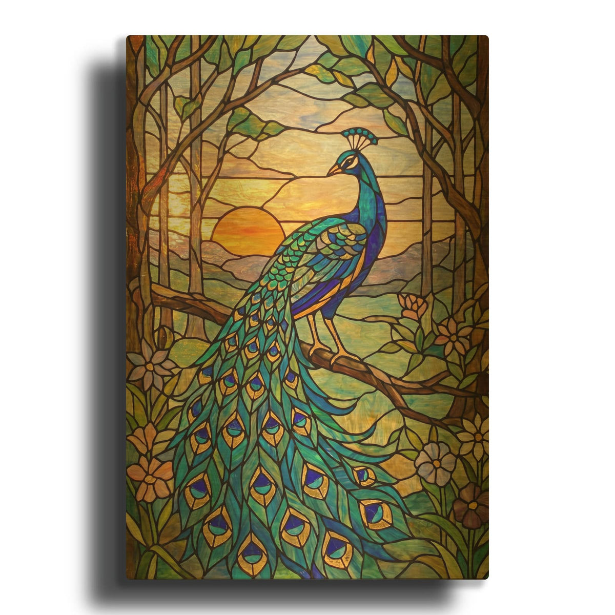 'Stained Glass Style Peacock Sunset I' By Veve Gold Metal Wall Art