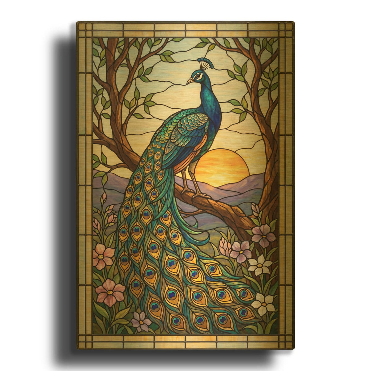 'Stained Glass Style Peacock Sunset II' By Veve Gold Metal Wall Art