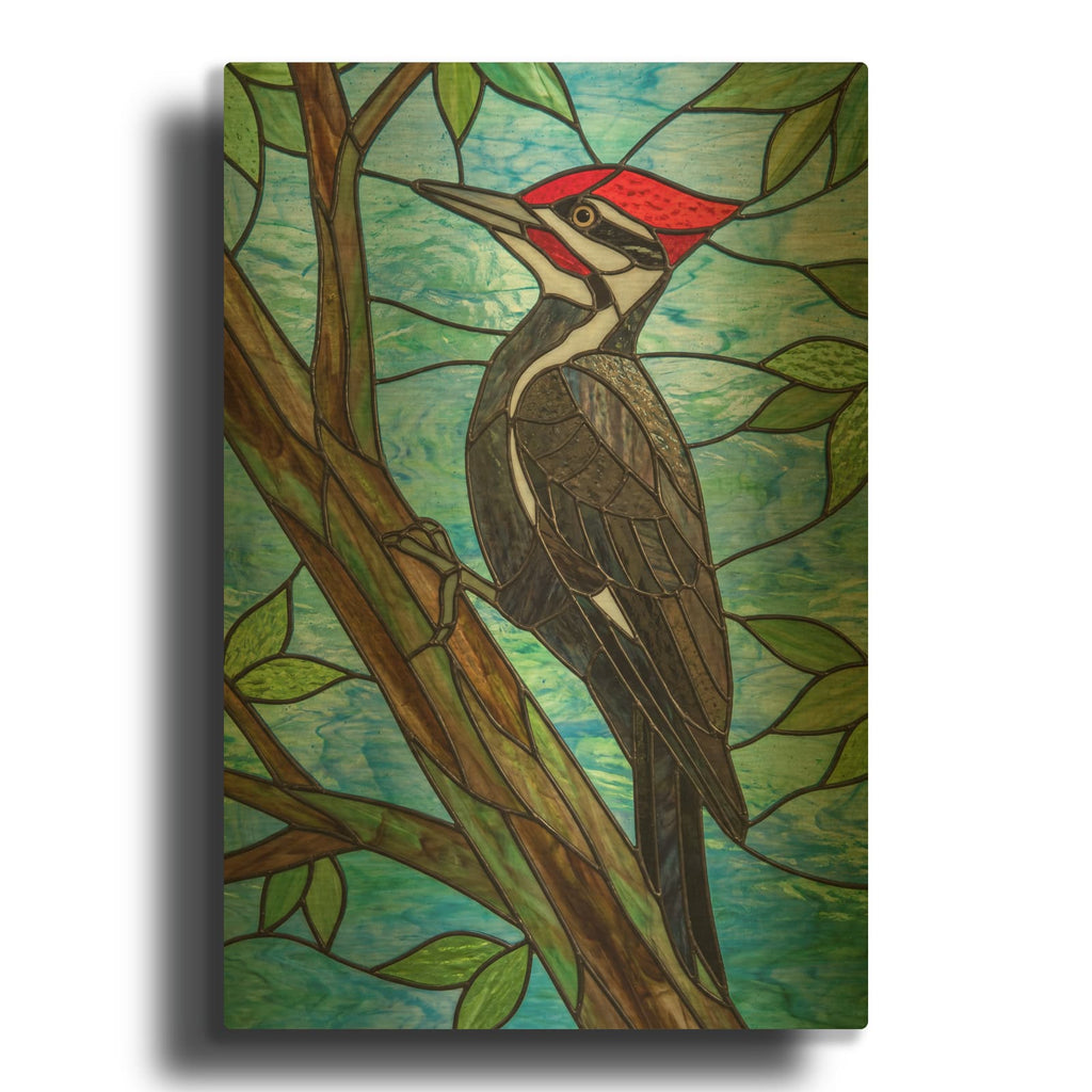 'Stained Glass Style Pileated Woodpecker' By Veve Gold Metal Wall Art