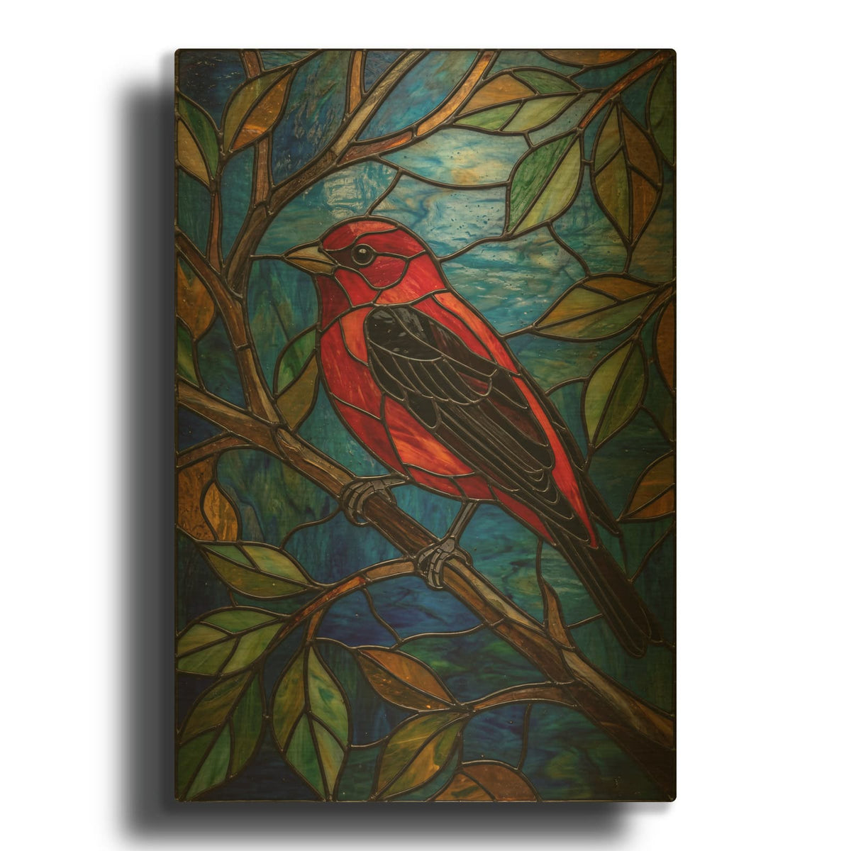 'Stained Glass Style Scarlet Tanager' By Veve Gold Metal Wall Art