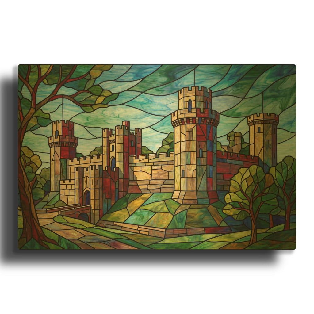 'Stained Glass Style Warwick Castle I' By Veve Gold Metal Wall Art