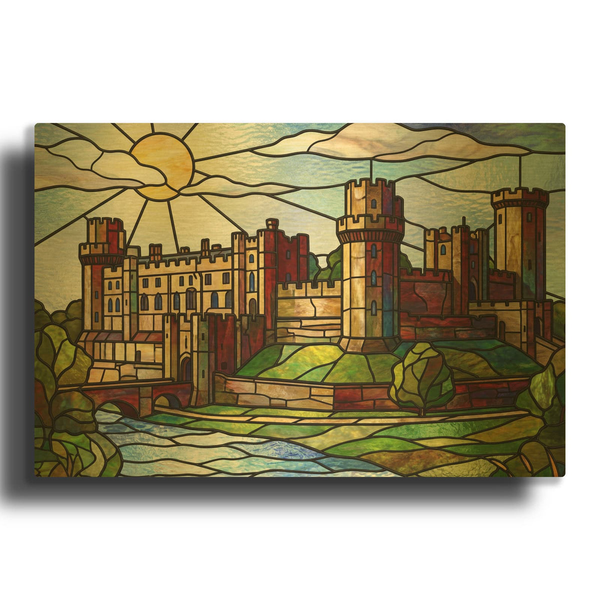 'Stained Glass Style Warwick Castle II' By Veve Gold Metal Wall Art