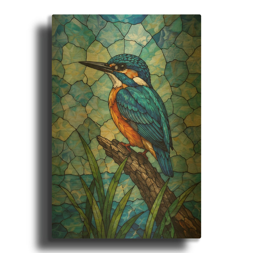 'Stained Glass Style Vertical Kingfisher' By Veve Gold Metal Wall Art